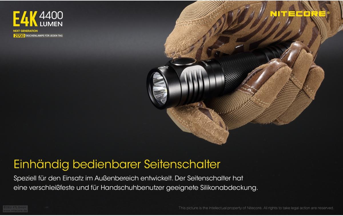 Nitecore Taschenlampe E4K – 4400 lm, 211 m, IP68, USB, Turbo/SOS/Stroboskop – Schwarz