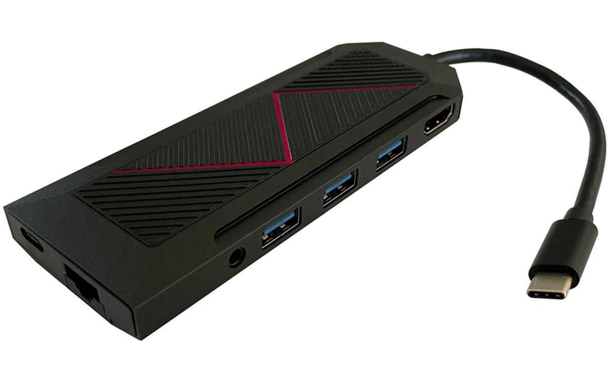 LC-Power MULTI-6-RGB Multiport-Adapter – USB-C, 1× HDMI, 3× USB-A, 1× USB-C, 100 W PD, GbE, SD/microSD