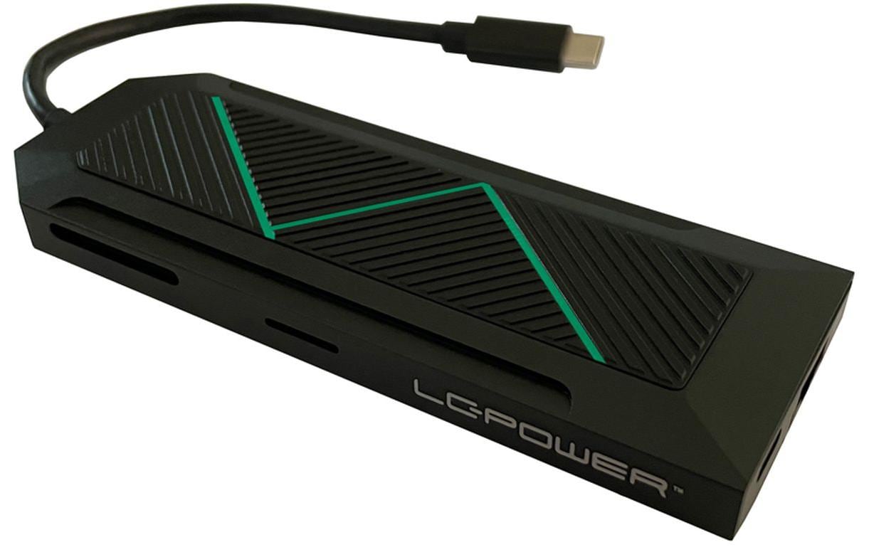 LC-Power MULTI-6-RGB Multiport-Adapter – USB-C, 1× HDMI, 3× USB-A, 1× USB-C, 100 W PD, GbE, SD/microSD