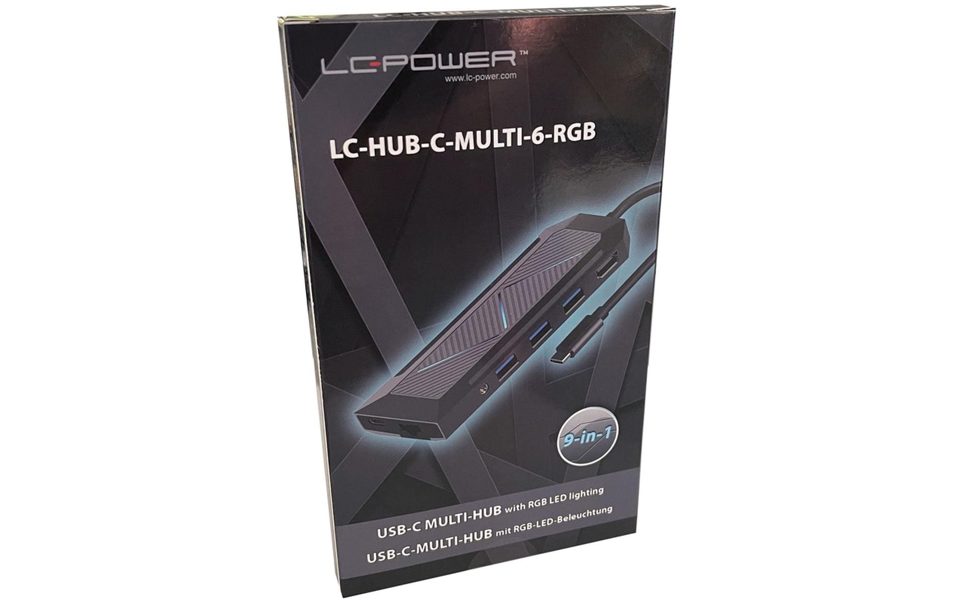 LC-Power MULTI-6-RGB Multiport-Adapter – USB-C, 1× HDMI, 3× USB-A, 1× USB-C, 100 W PD, GbE, SD/microSD