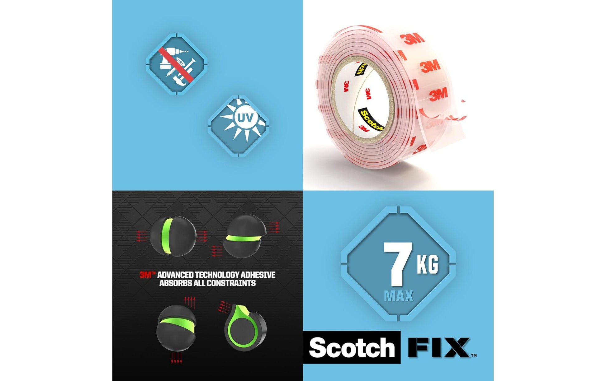 Scotch Montageband Fix, stark, für den Innenbereich, für glatte Oberflächen – 19 mm × 1,5 m, transparent, bis 1 kg/20 cm