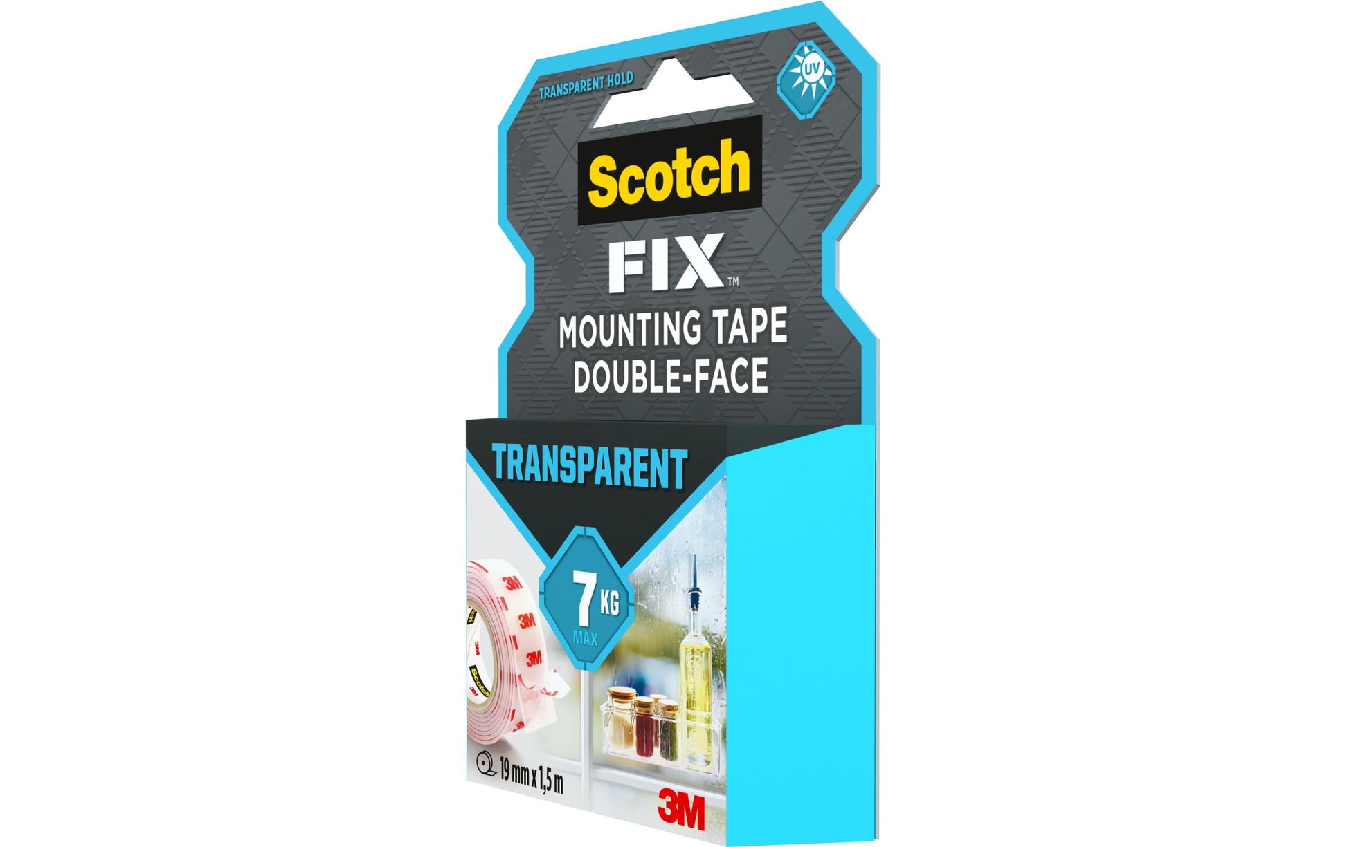 Scotch Montageband Fix, stark, für den Innenbereich, für glatte Oberflächen – 19 mm × 1,5 m, transparent, bis 1 kg/20 cm