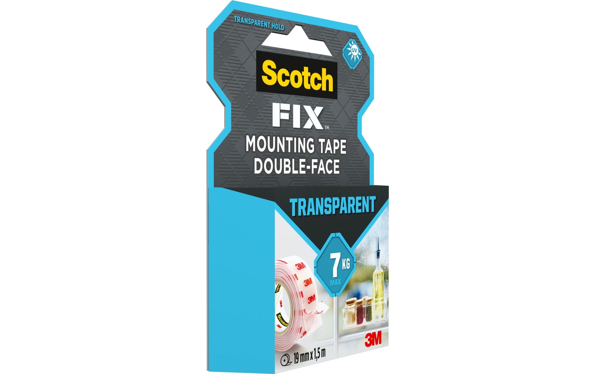 Scotch Montageband Fix, stark, für den Innenbereich, für glatte Oberflächen – 19 mm × 1,5 m, transparent, bis 1 kg/20 cm