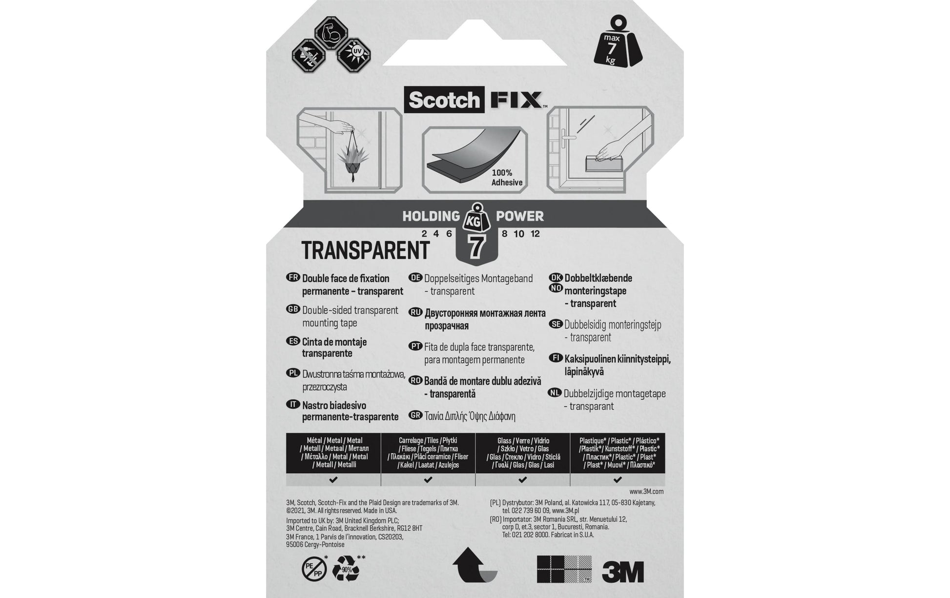 Scotch Montageband Fix, stark, für den Innenbereich, für glatte Oberflächen – 19 mm × 1,5 m, transparent, bis 1 kg/20 cm