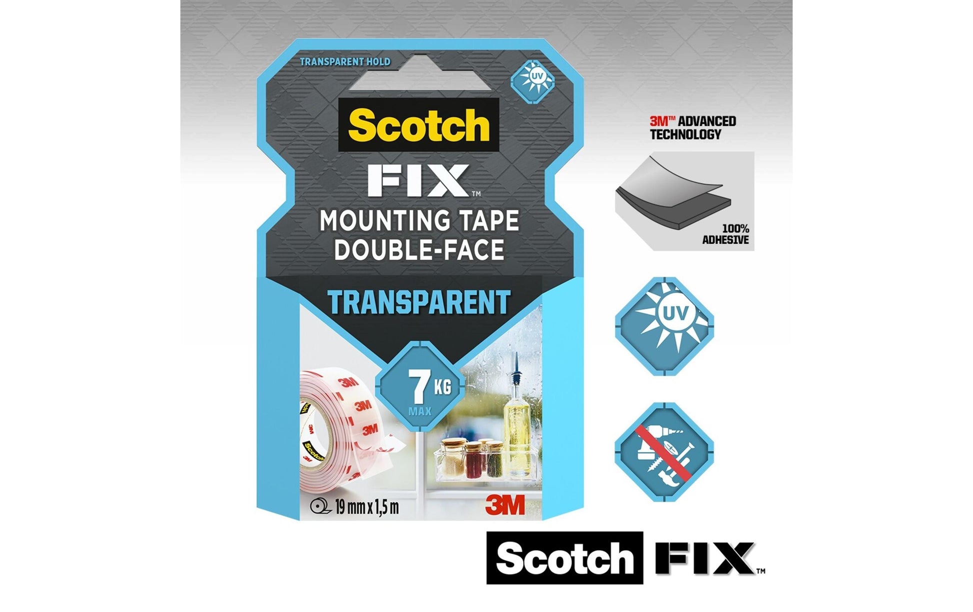 Scotch Montageband Fix, stark, für den Innenbereich, für glatte Oberflächen – 19 mm × 1,5 m, transparent, bis 1 kg/20 cm