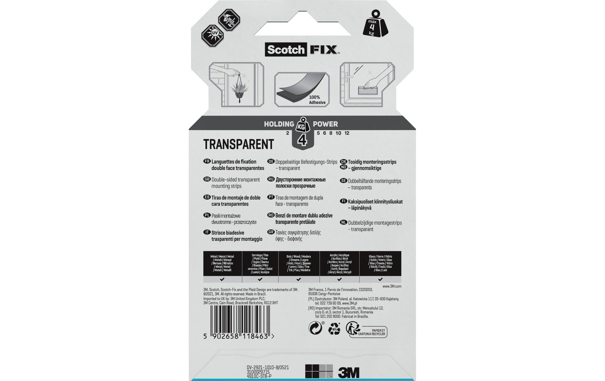 Scotch Fix Montagestreifen – 25 × 76 mm, transparent, bis 0,5 kg, 8 Stk.