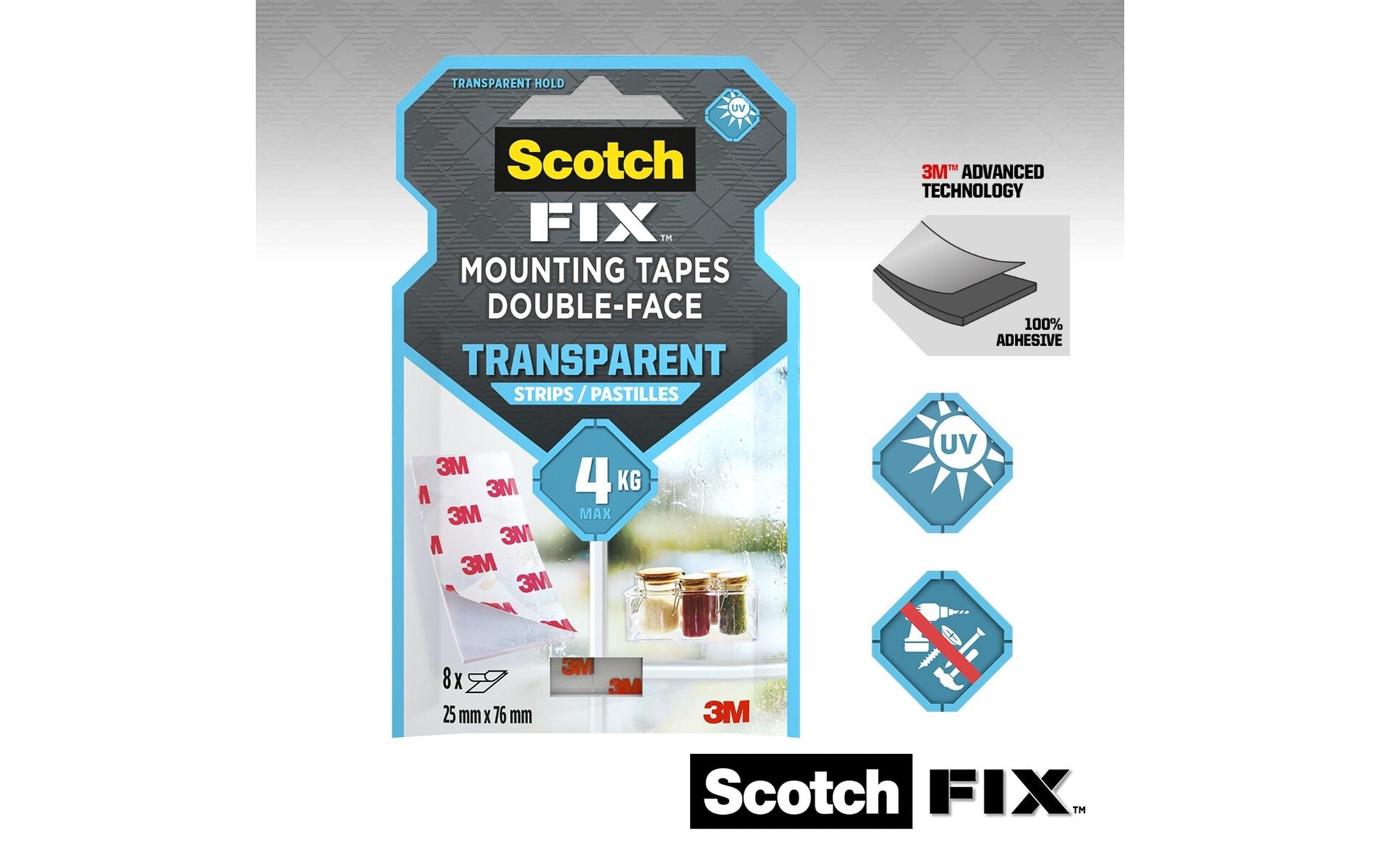 Scotch Fix Montagestreifen – 25 × 76 mm, transparent, bis 0,5 kg, 8 Stk.