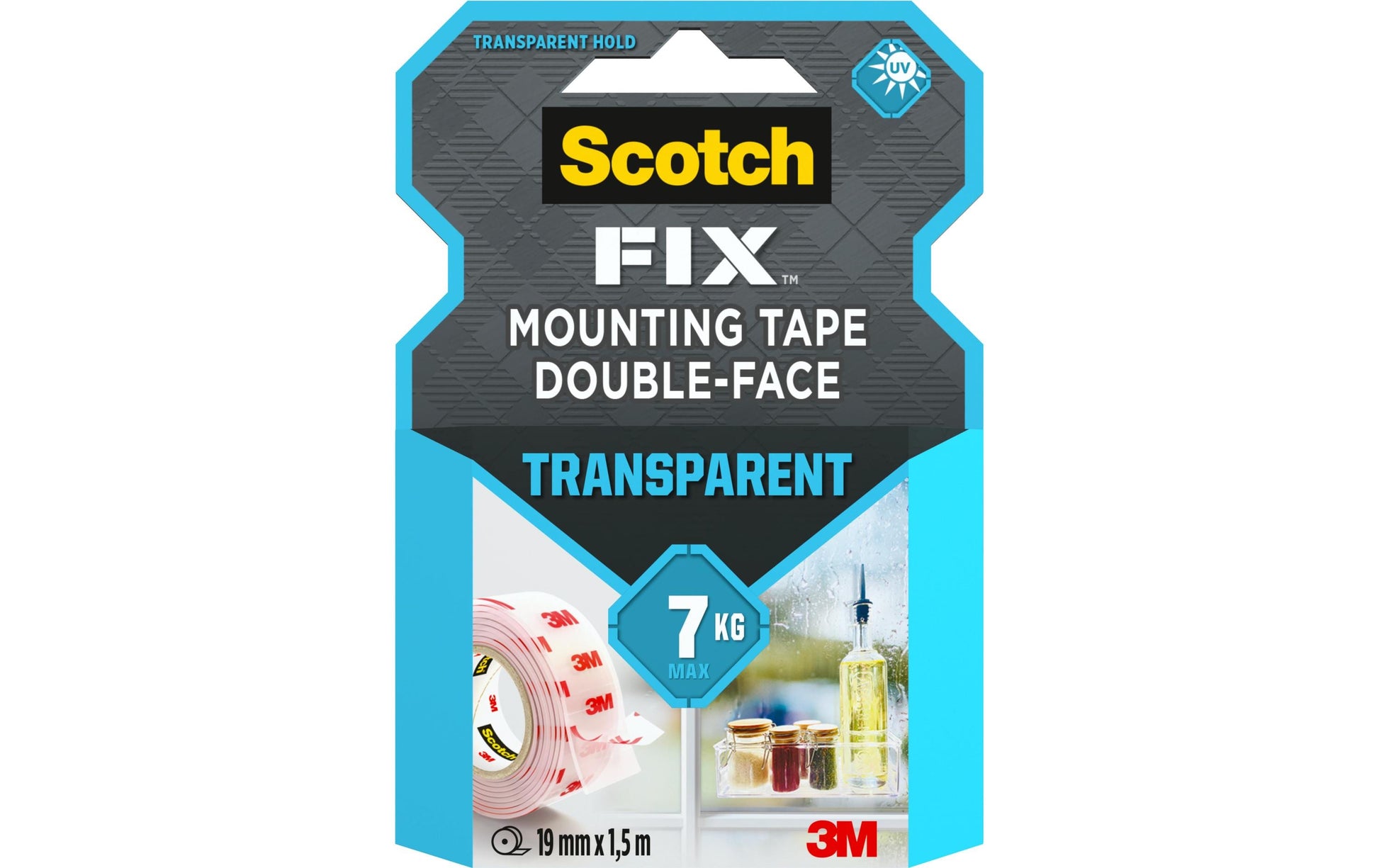 Scotch Montageband Fix, stark, für den Innenbereich, für glatte Oberflächen – 19 mm × 1,5 m, transparent, bis 1 kg/20 cm