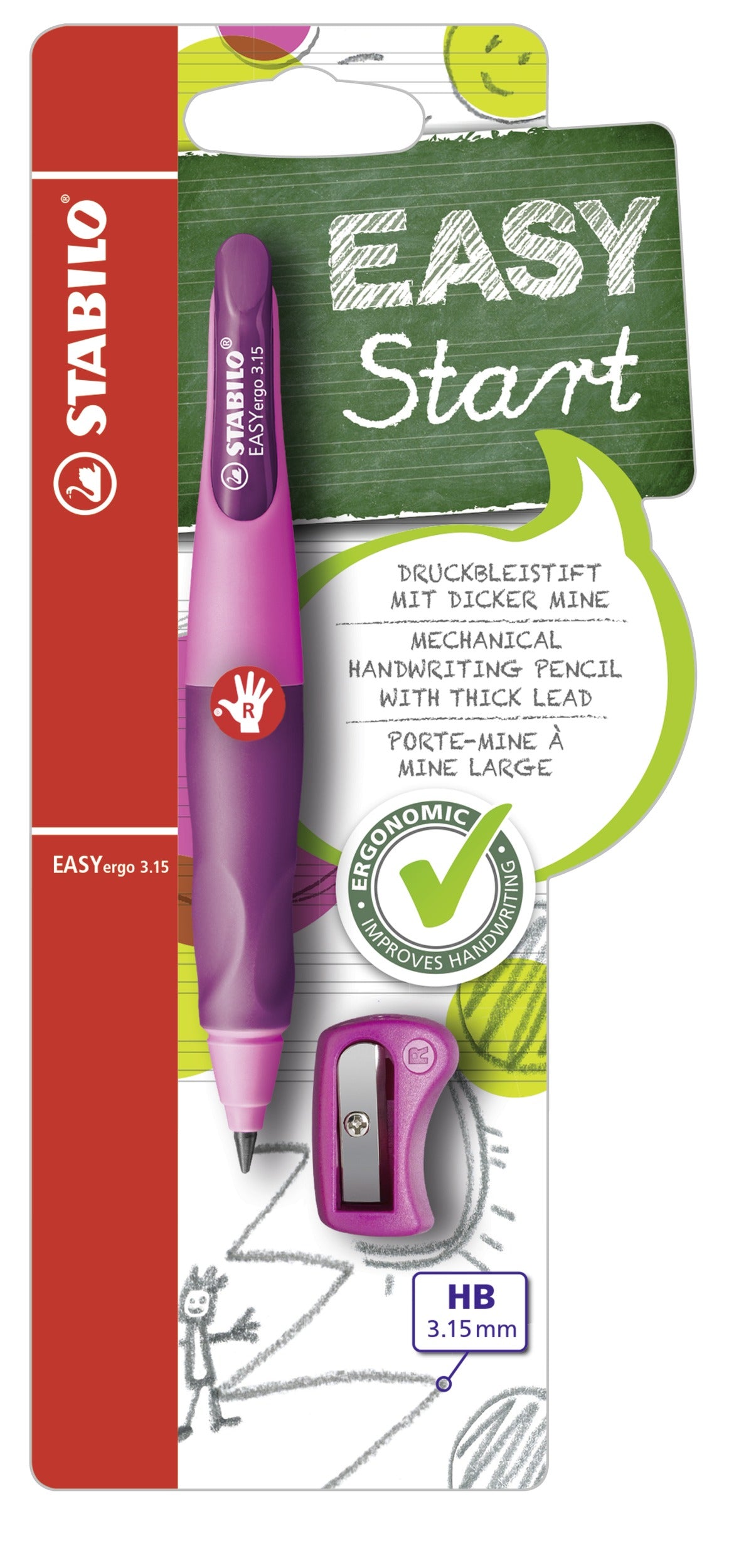 Stabilo EASYergo Start Druckbleistift – 3,15 mm, für Rechtshänder, Hellpink, inkl. Spitzer