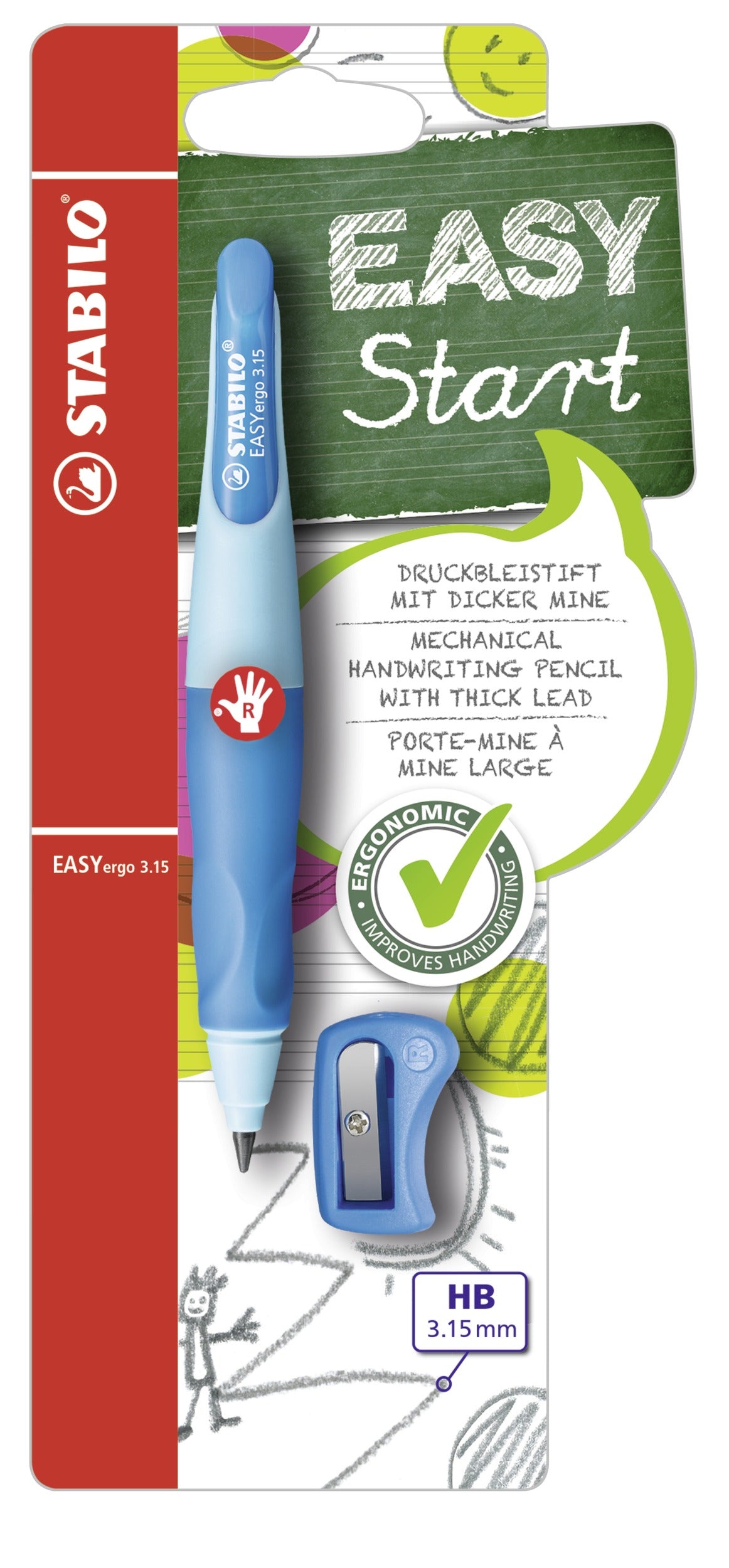 Stabilo EASYergo Start Druckbleistift – 3,15 mm, für Rechtshänder, Hellblau, inkl. Spitzer