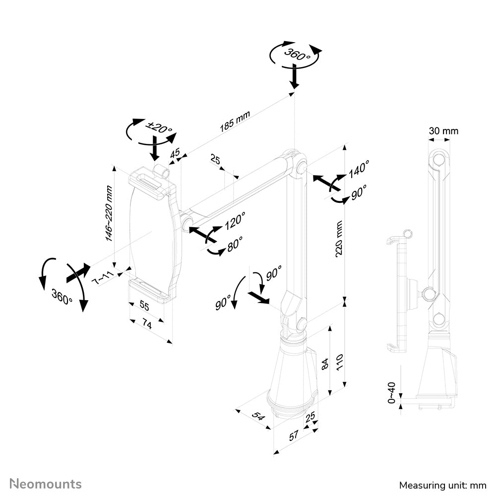 Neomounts Tablet-Arm (Tischklemme) für Galaxy Tab – 4,7–12,9" – Silber