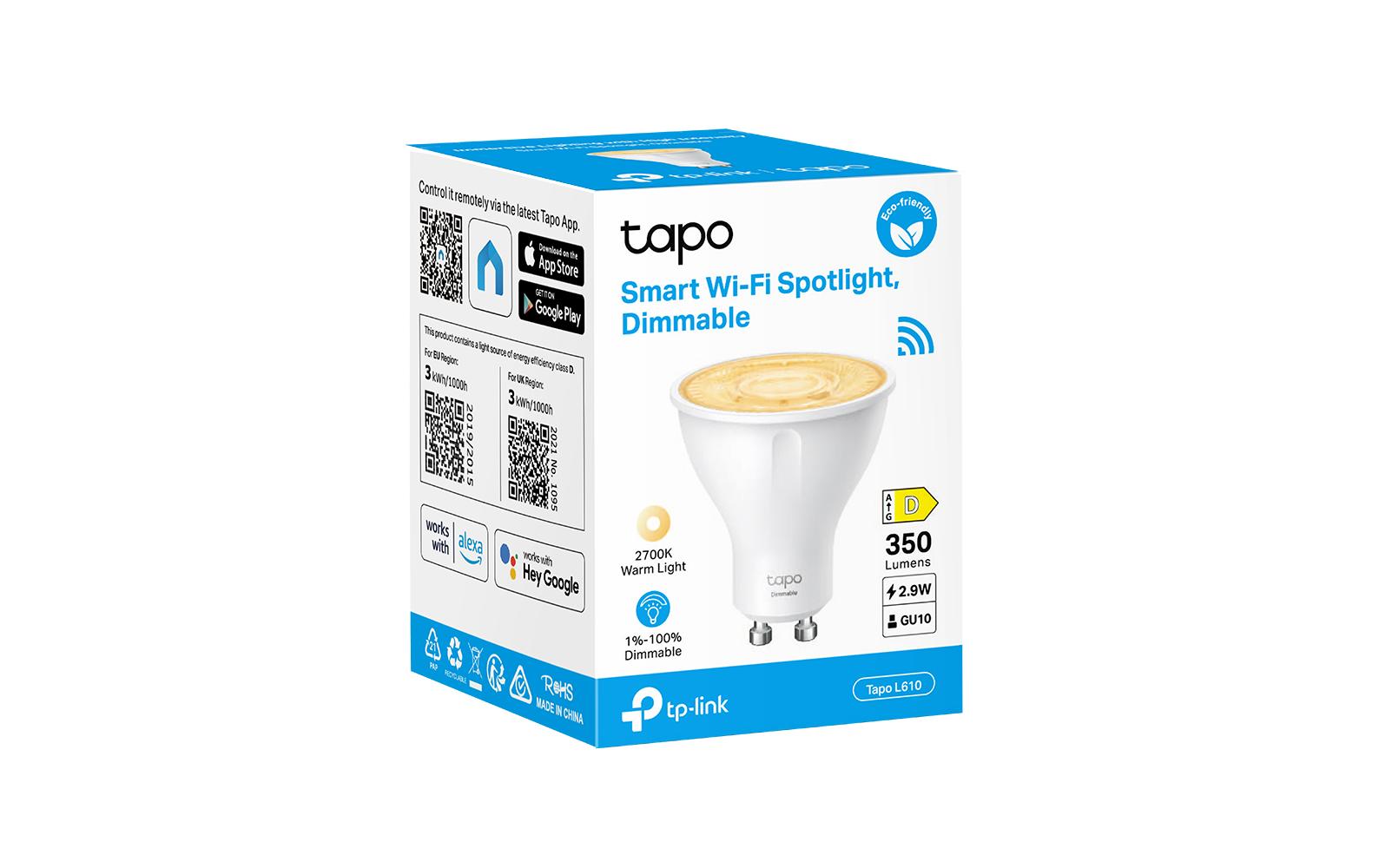 TP-Link LED-Leuchtmittel Tapo L610 4er-Set – WLAN, Amazon Alexa, dimmbar – 2700 K – 350 lm 2,9 W GU10 – Weiss