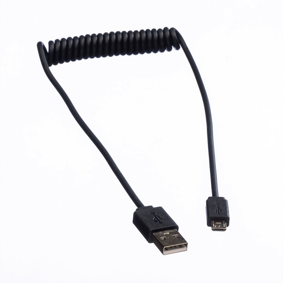 ROLINE USB-A auf Micro-USB-B Kabel – USB 2.0 (480 Mbit/s) – 1 m – Spiralkabel – Schwarz – für Micro-USB-Geräte