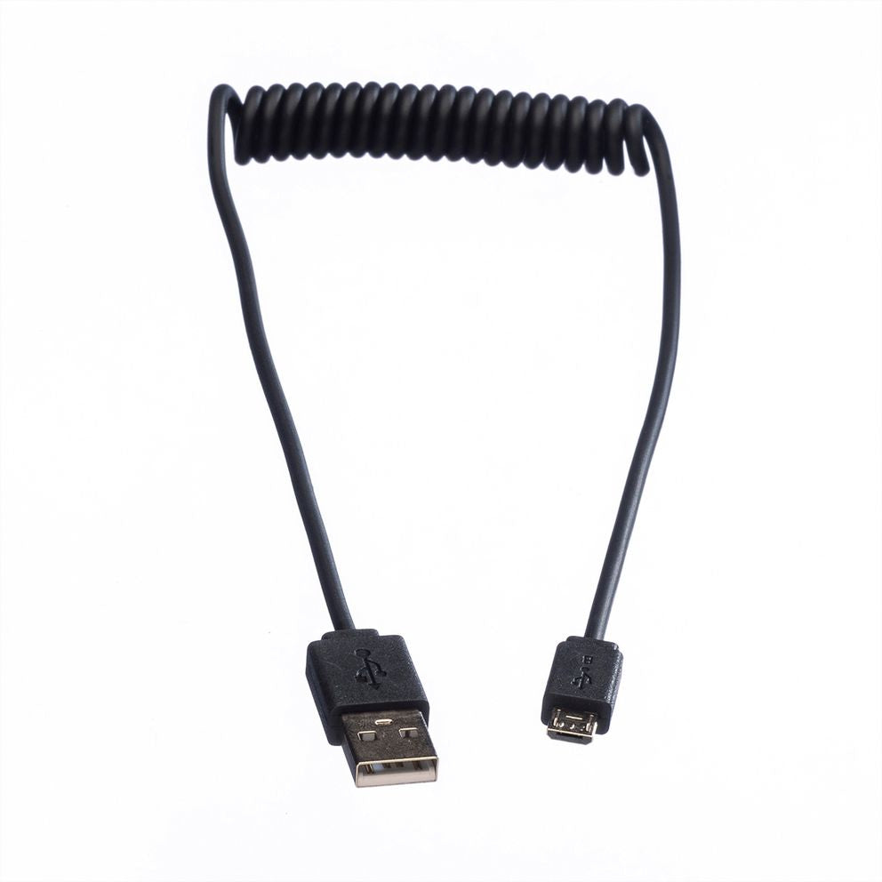ROLINE USB-A auf Micro-USB-B Kabel – USB 2.0 (480 Mbit/s) – 1 m – Spiralkabel – Schwarz – für Micro-USB-Geräte
