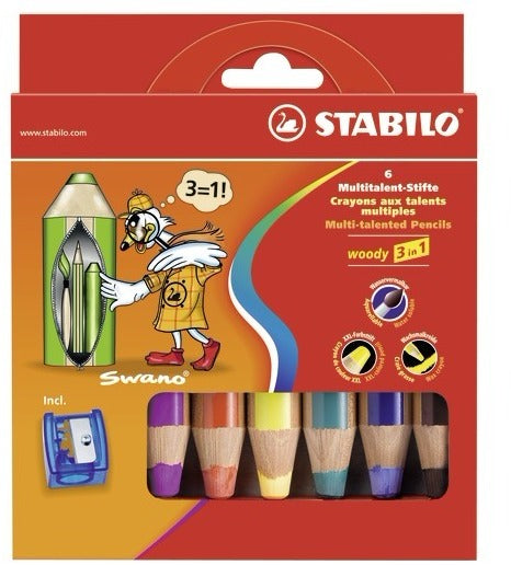 STABILO 3-in-1 Farbstifte woody – 6 Farben, im Kartonetui, mit Spitzer, Ø 4,2 mm, PEFC