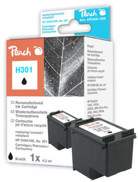 Peach 301 Schwarz Tintenpatrone (Kompatibel) – 225 Seiten – für HP DeskJet 2050/3050, Envy 45XX