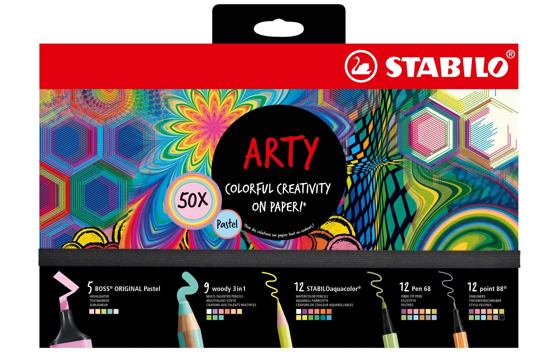STABILO ARTY Stifte-Set – Pastell, 50 Stk., Box, mit 21 Farbstiften, 12 Filzstiften, 12 Finelinern
