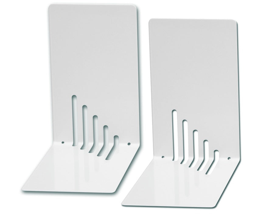 MAUL Bücherstützen – 85 × 140 × 140 mm, Metall, glänzend, weiss, 2 Stück