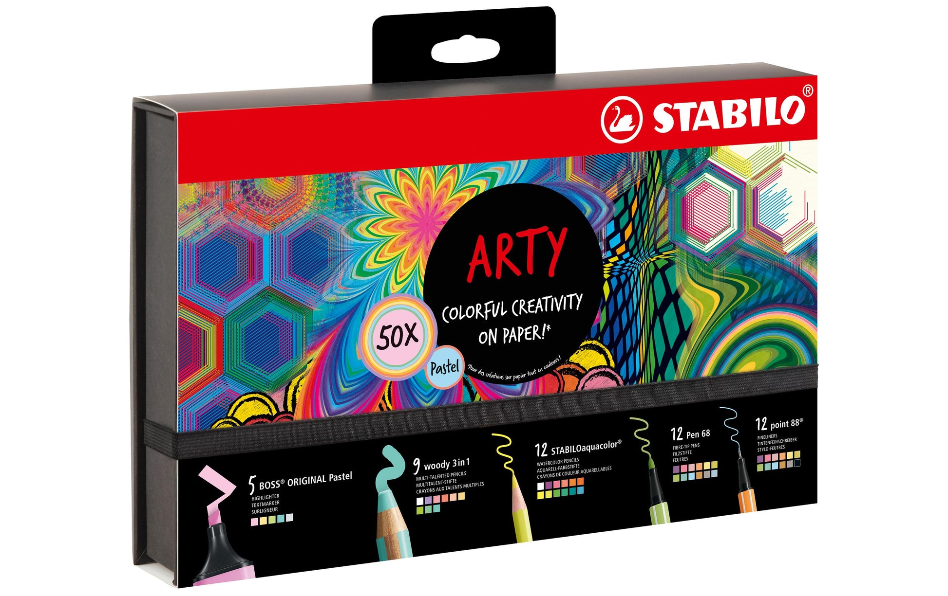 STABILO ARTY Stifte-Set – Pastell, 50 Stk., Box, mit 21 Farbstiften, 12 Filzstiften, 12 Finelinern