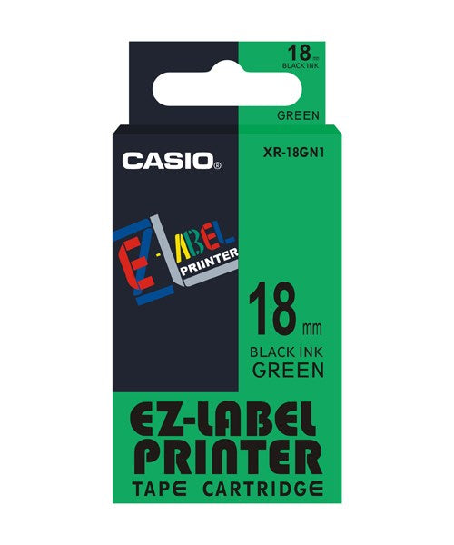 Casio XR-18GN Schriftband – Schwarz auf Grün – 18 mm × 8 m, Selbstklebend – für Casio KL-Serie