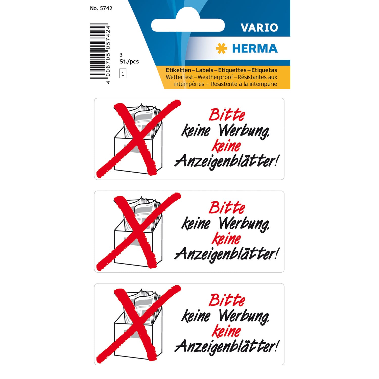 HERMA Schmucketiketten – Motiv Bitte keine Werbung / Anzeigenblätter – Folie, 3 Stk, abgerundete Ecken