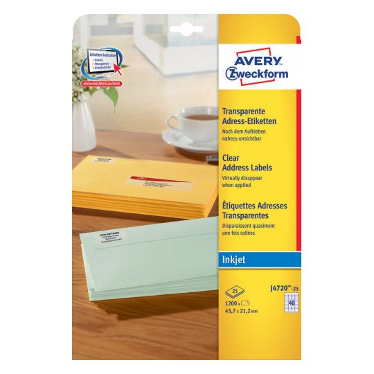 Avery Inkjet-Etiketten, 46 mm × 21 mm, transparent, Folie, permanent, 25 Blatt (1'200 Etiketten)