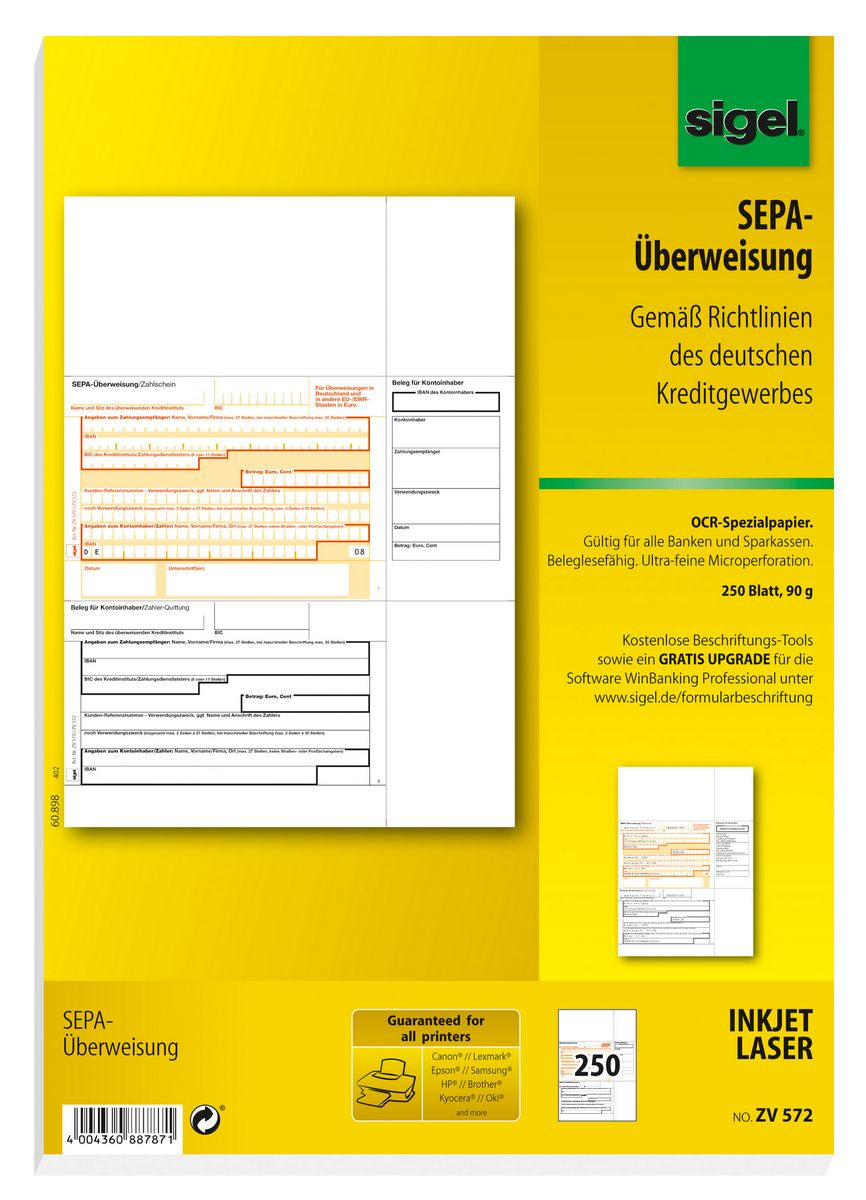 Sigel Bankformular PC-SEPA-Überweisung – A4 – 90 g/m², 250 Blatt, mikroperforiert, für InkJet-/Laserdrucker