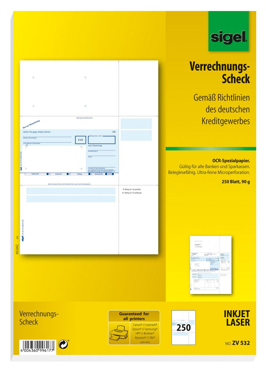 Sigel Formular – Bankformular PC-SEPA-Verrechnungs-Scheck, 250 Blatt, A4, OCR-Spezialpapier 90 g/m²