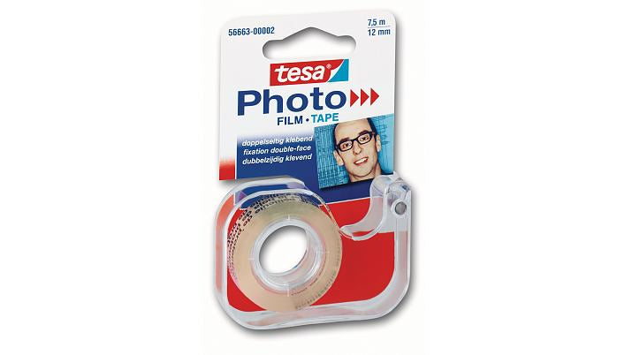 TESA Doppelseitiges Fotoklebeband – mit Abroller – permanent, Kunststoff, 12 mm × 7,5 m, transparent