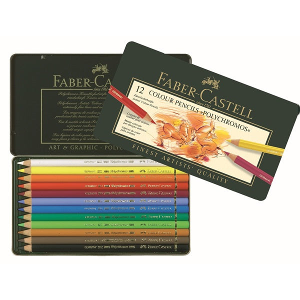 Faber-Castell Buntstifte POLYCHROMOS – rund, Minen-Ø 3,8 mm, 12 Farben, im Metalletui