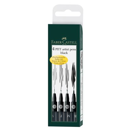 Faber-Castell PITT artist pen Pigment Marker – wasserbasiert, wasserfest, lichtbeständig, schwarz, 4er Set
