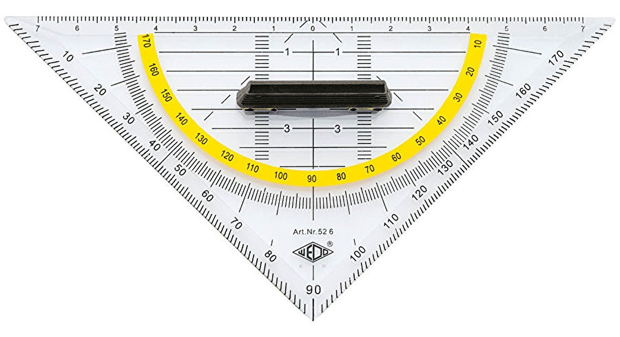 Wedo Wandtafel-Geodreieck – 16 × 16 cm, Kunststoff, transparent, Skalenfarbe schwarz, mit abnehmbarem Griff
