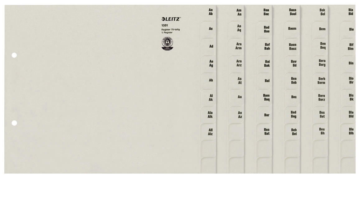 Leitz Tauenpapier Register – A4, 26-teilig, grau, lochverstärkt, inkl. Inhalts-Schildchen