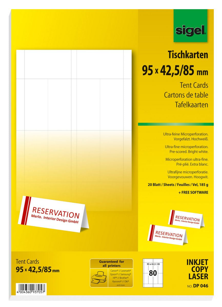 Sigel Tischkarten 95 × 85 mm, 185 g/m², weiss, Papier, vorgefalzt – für Inkjet, Laser, Kopierer – 80 Karten