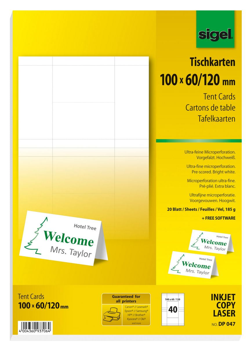 Sigel Tischkarten 100 × 120 mm, 185 g/m², weiss, Papier, vorgefalzt – für Inkjet, Laser, Kopierer – 40 Karten