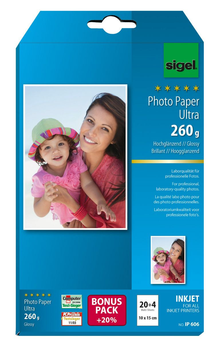 Sigel Fotopapier – glänzend, 10 × 15 cm, 260 g/m², 24 Blatt, für Inkjet