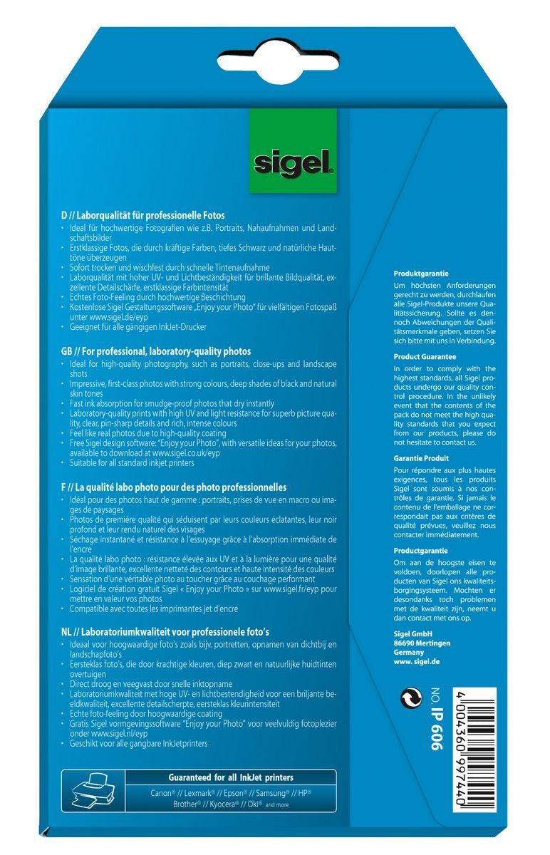 Sigel Fotopapier – glänzend, 10 × 15 cm, 260 g/m², 24 Blatt, für Inkjet