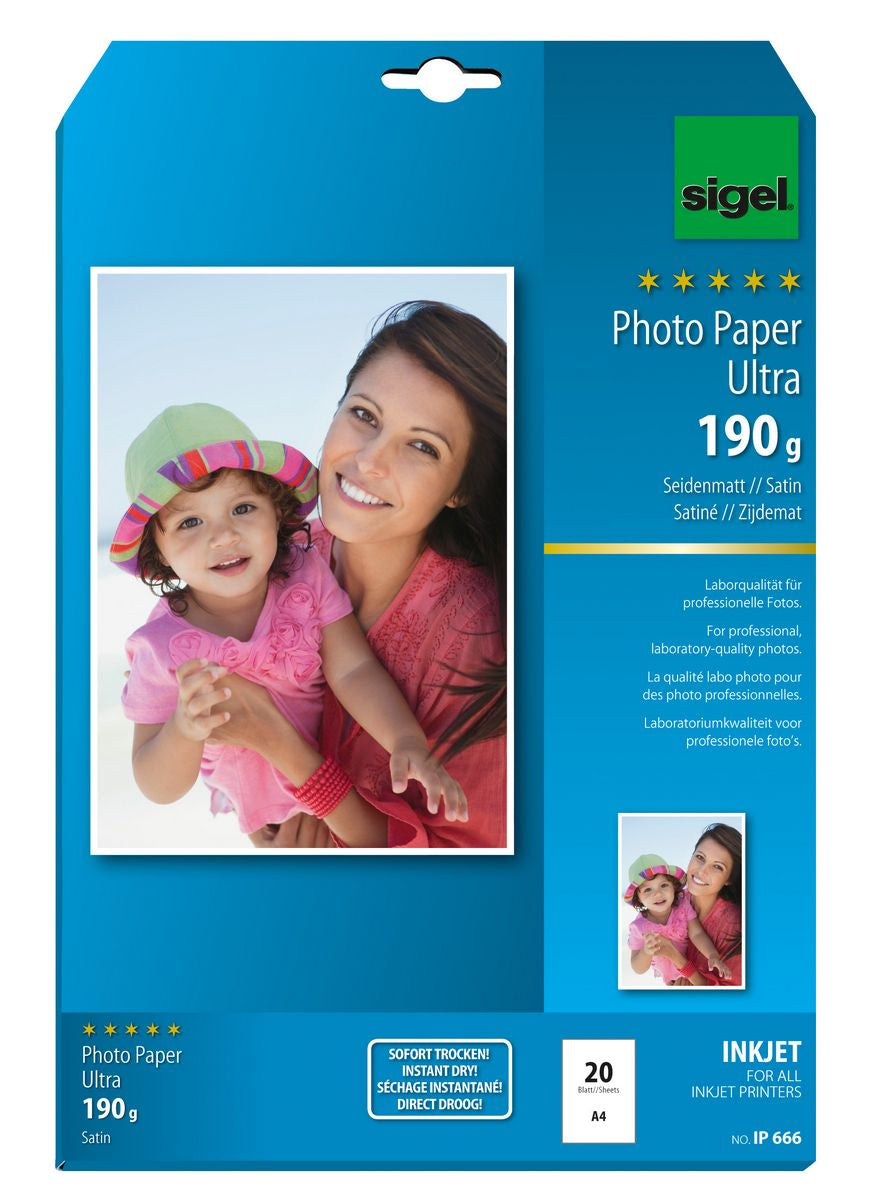 Sigel Ultra Fotopapier – seidenmatt, A4, 190 g/m², 20 Blatt, einseitig – für Inkjet-Drucker