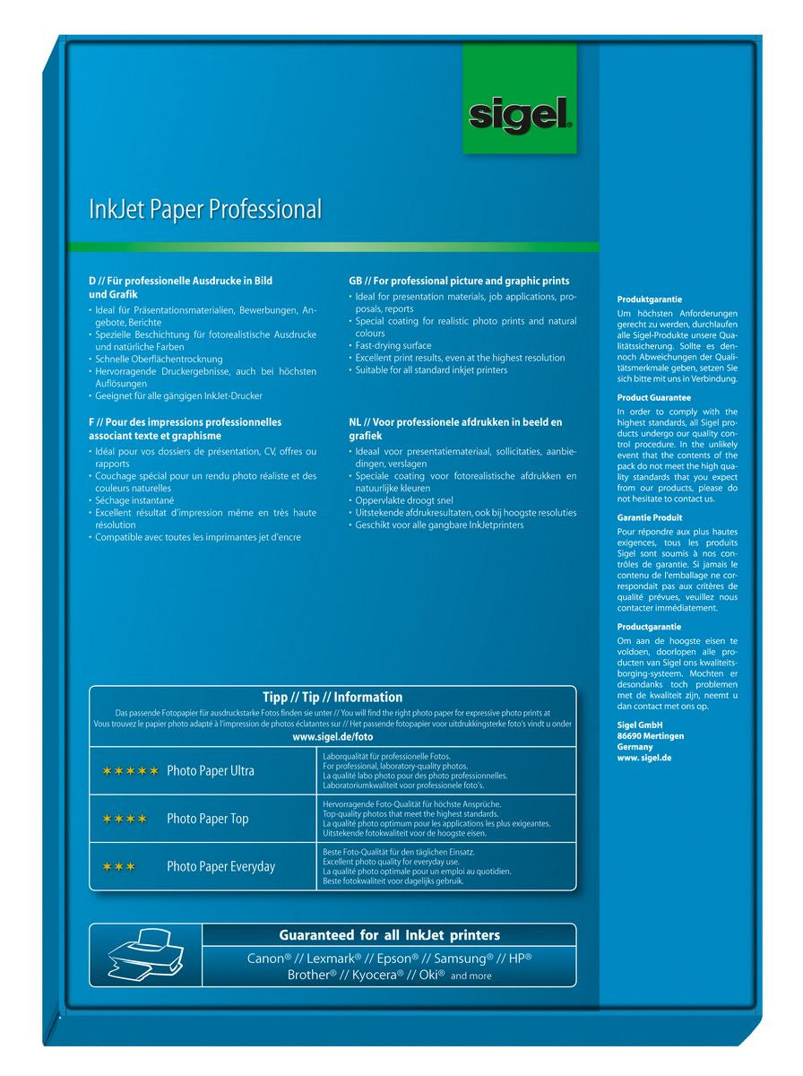 Sigel IP288 Fotopapier – matt, A4, 95 g/m², 200 Blatt, schnell trocknend – für Inkjet-Drucker