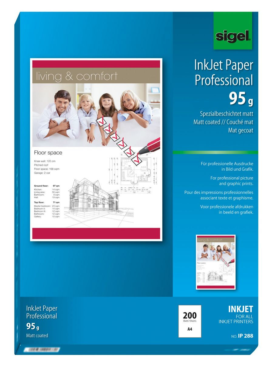Sigel IP288 Fotopapier – matt, A4, 95 g/m², 200 Blatt, schnell trocknend – für Inkjet-Drucker