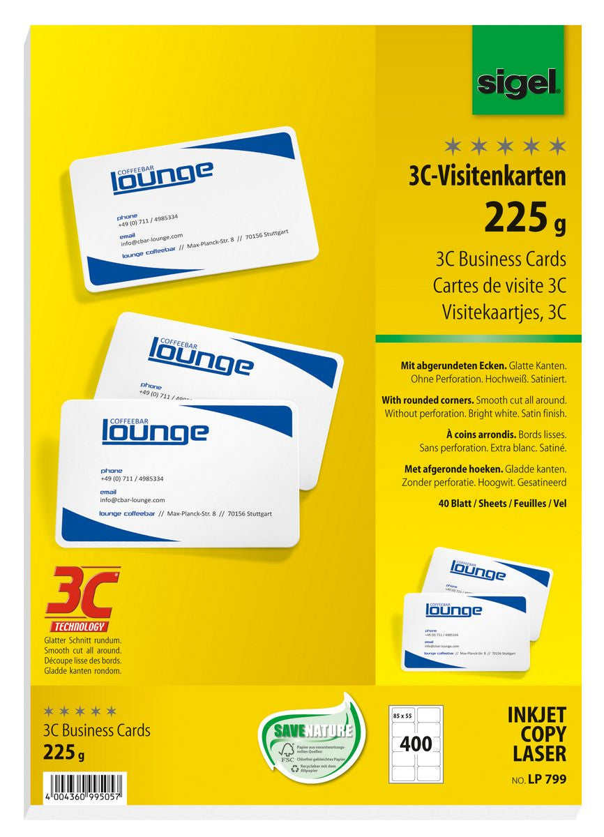 Sigel Visitenkarten, 85 × 55 mm – A4, 10 pro Blatt – 400 Karten – FSC-zertifiziert, abgerundete Ecken