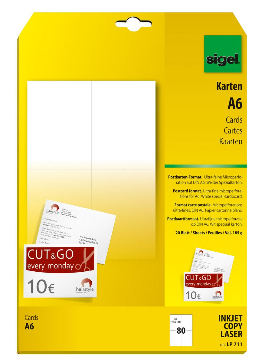 Sigel Postkarten A6 (105 × 148 mm), 185 g/m², weiss – für Inkjet, Laser, Kopierer