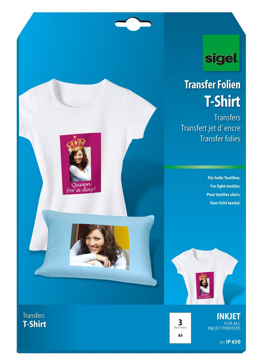 Sigel Transferpapier – für Inkjetdrucker, für helle Textilien, A4, waschbar bis 40 °C, 3 Blatt