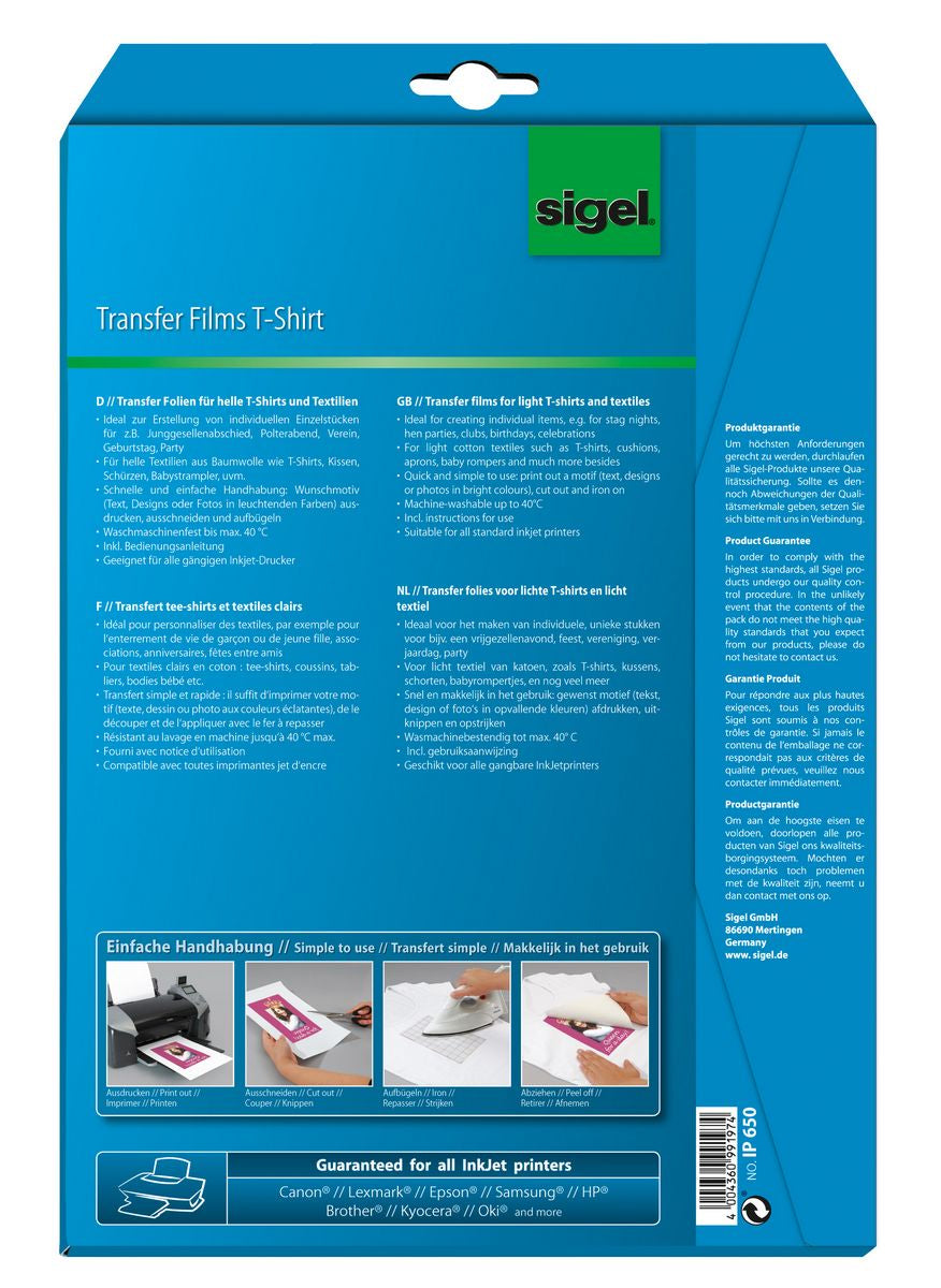 Sigel Transferpapier – für Inkjetdrucker, für helle Textilien, A4, waschbar bis 40 °C, 3 Blatt