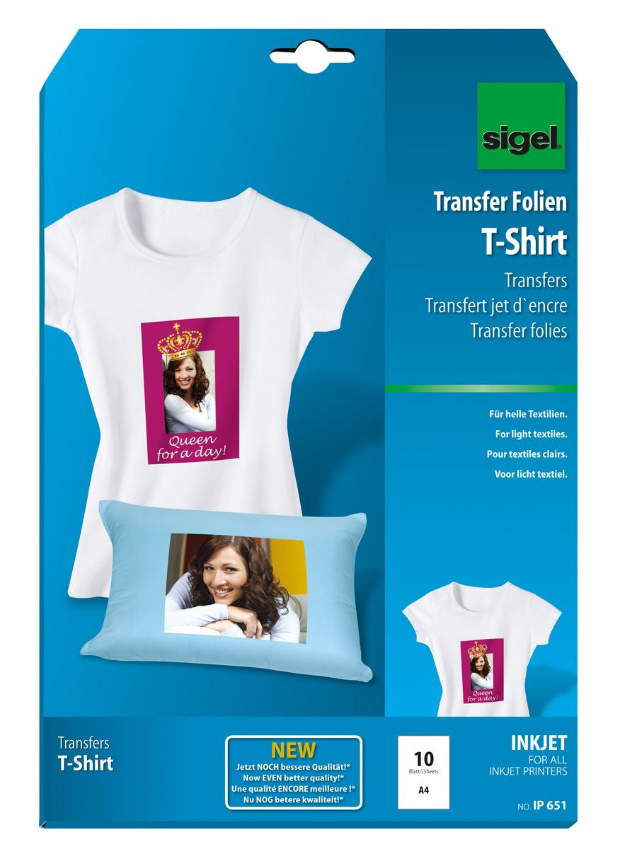Sigel Aufbügelfolie Weiss – A4, 197 g/m², Inkjet, für helle Textilien (Baumwolle), 10 Stück