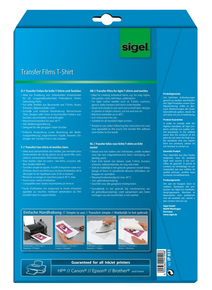 Sigel Aufbügelfolie Weiss – A4, 197 g/m², Inkjet, für helle Textilien (Baumwolle), 10 Stück