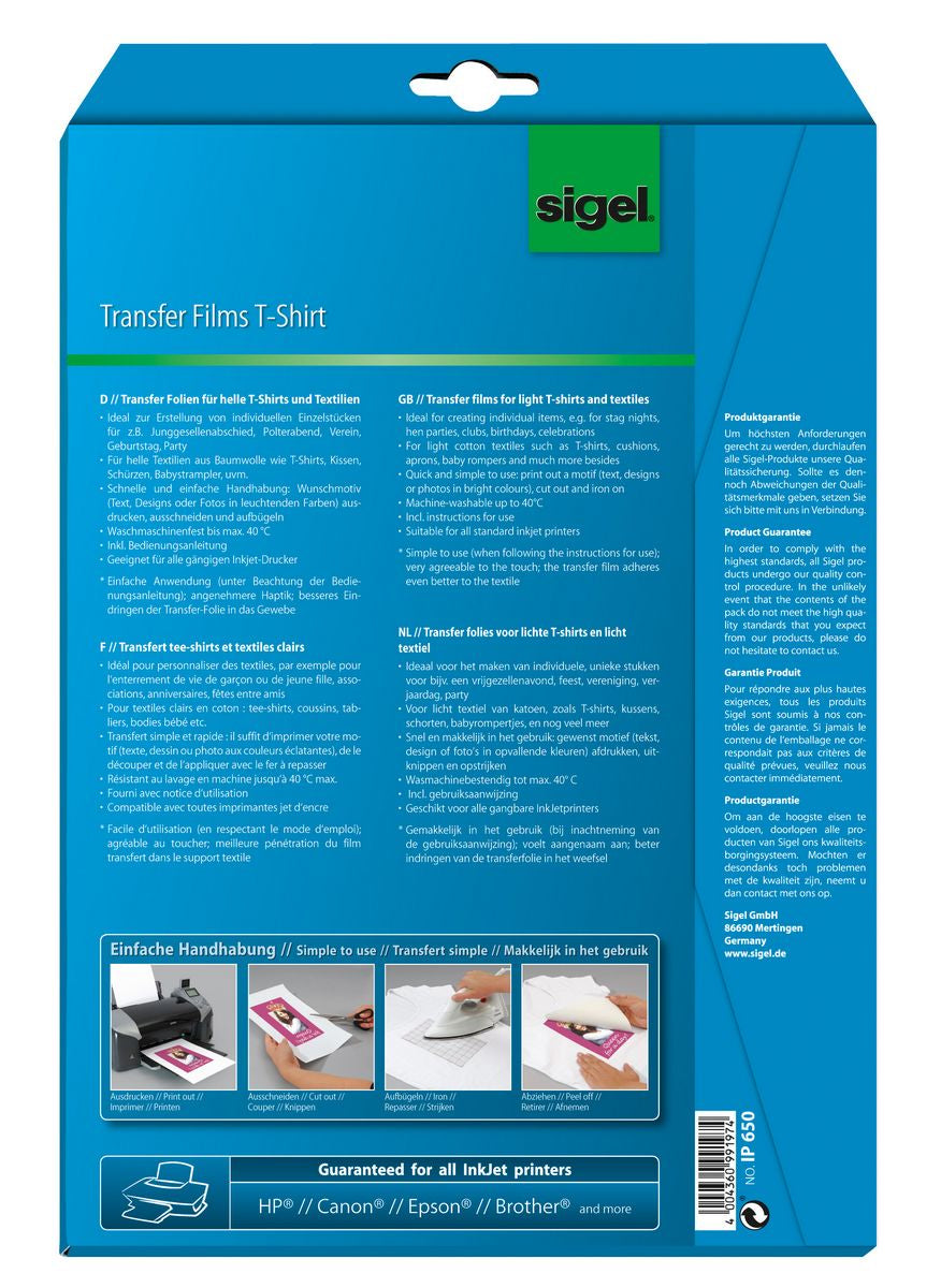 Sigel Aufbügelfolie Weiss – A4, 197 g/m², Inkjet, für helle Textilien (Baumwolle), 10 Stück