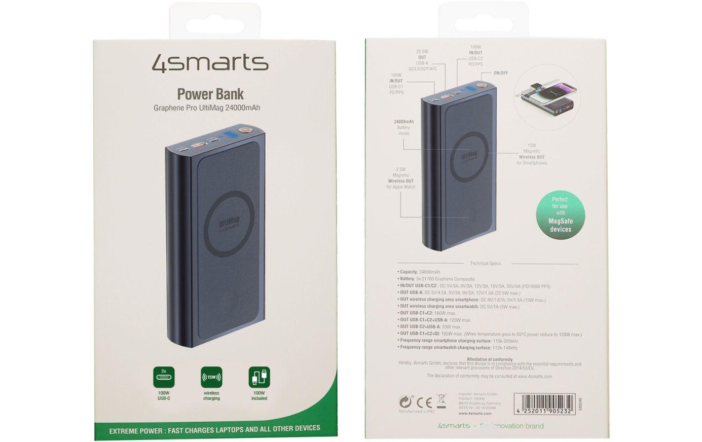 4smarts Powerbank 24000 mAh, PD 100 W, 2× USB-C, 1× USB-A, kabelloses Laden, Durchgangsladung, blau