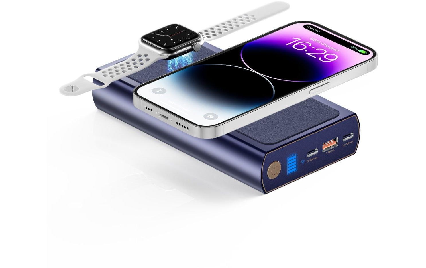 4smarts Powerbank 24000 mAh, PD 100 W, 2× USB-C, 1× USB-A, kabelloses Laden, Durchgangsladung, blau