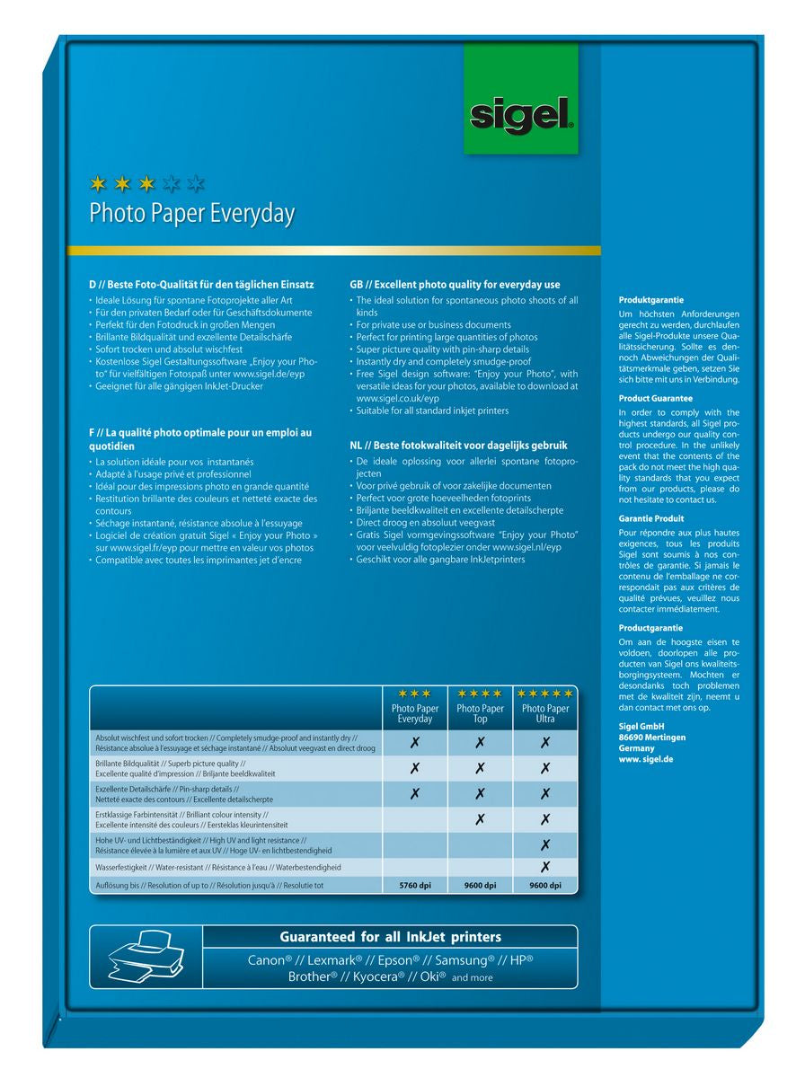 Sigel InkJet Everyday Fotopapier – glänzend, A4, 190 g/m², 100 Blatt, für Inkjet
